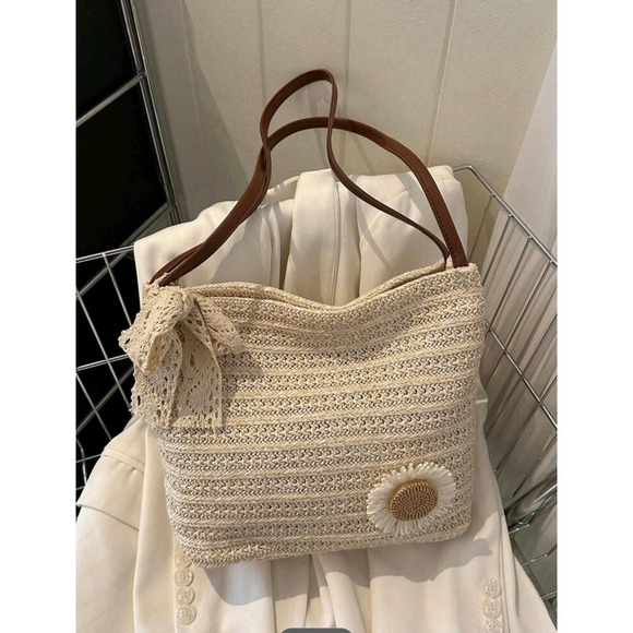 Straw Woven Shoulder Bag, Crochet Lace Bow, Sunflower‎ Decor, Beach Tote - Picture 1 of 4
